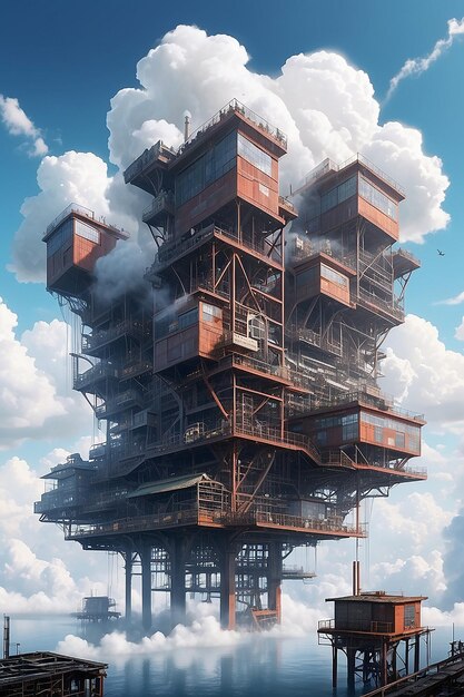 A factory in the clouds producing clouds themselves with floating platforms for workers