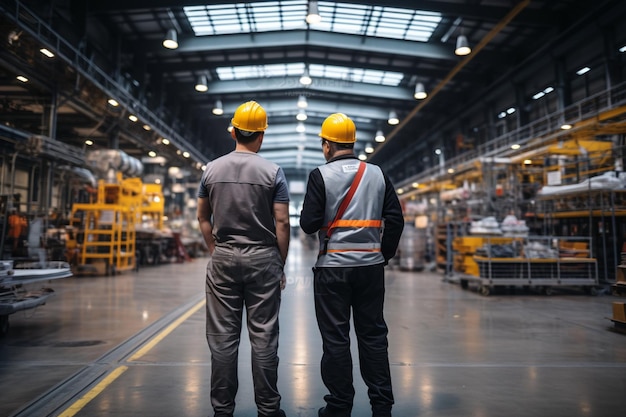 Factory colleagues converse while strolling through vast production hall fostering camaraderie