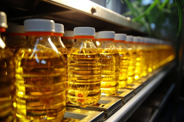 Factory conveyor line with close up of sunflower and vegetable oil bottle production