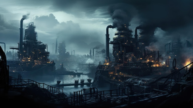 煙っぽい夜空の下で煙と汚染を放出する工場