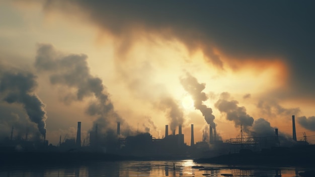 A factory emitting smoke at sunset