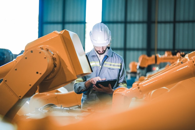 Factory engineer inspecting on machine with smart tablet Worker works at heavy machine robot arm The welding machine with a remote system in an industrial factory Artificial intelligence concept