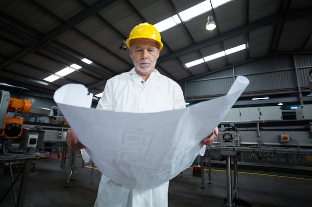 Factory engineer looking at blueprint