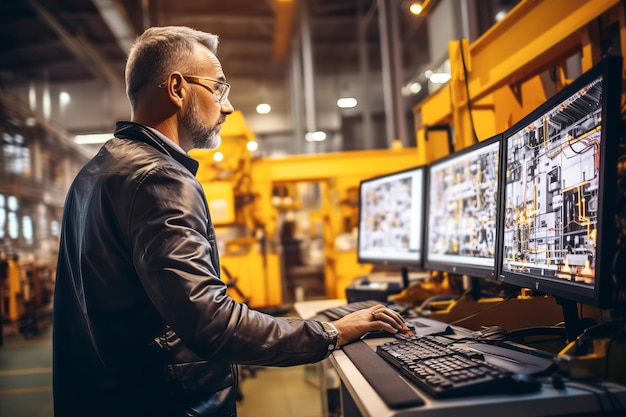 Factory Engineer Using Laptop Computer Industrial Automated Assembly Plant