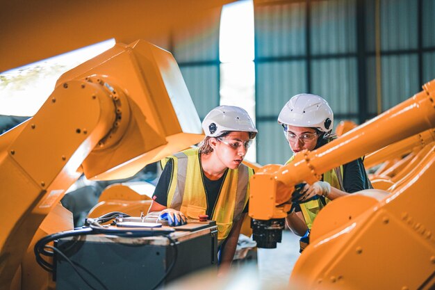 Photo factory engineer woman inspecting on machine with smart tablet worker works at machine robot arm