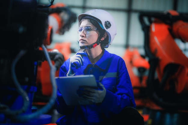 Photo factory engineer woman inspecting on machine with smart tablet worker works at machine robot arm