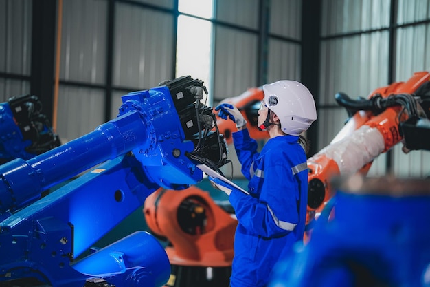 Фото Женщина-инженер завода проверяет машину с помощью смарт-таблетка рабочий работает на ручке робота машины