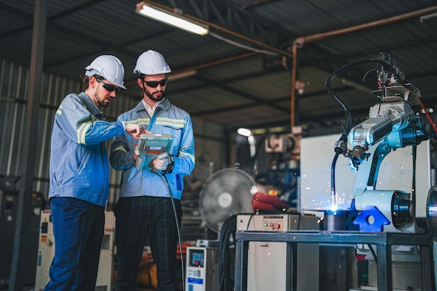 Photo factory engineers using smart control to control the arm robot machine for cutting the metal sheet