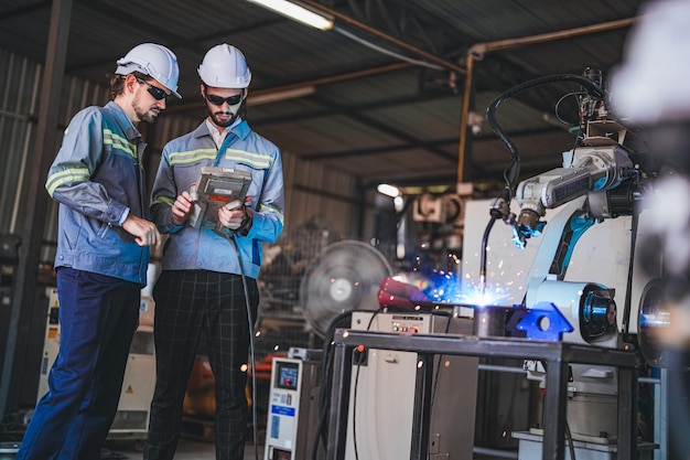 Foto ingegneri di fabbrica che utilizzano il controllo intelligente per controllare la macchina robot a braccio per tagliare la lastra di metallo