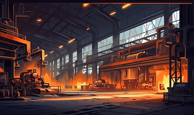 A factory filled with lots of machinery and flames