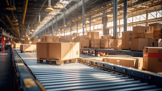 The factory floor features a conveyor belt loaded with boxes