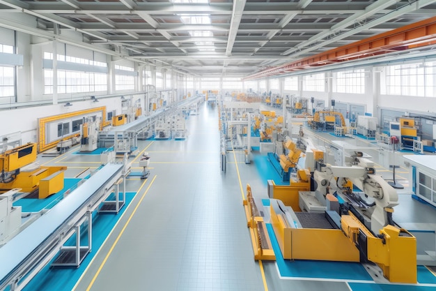 Factory floor filled with robotic assembly lines building complex machinery