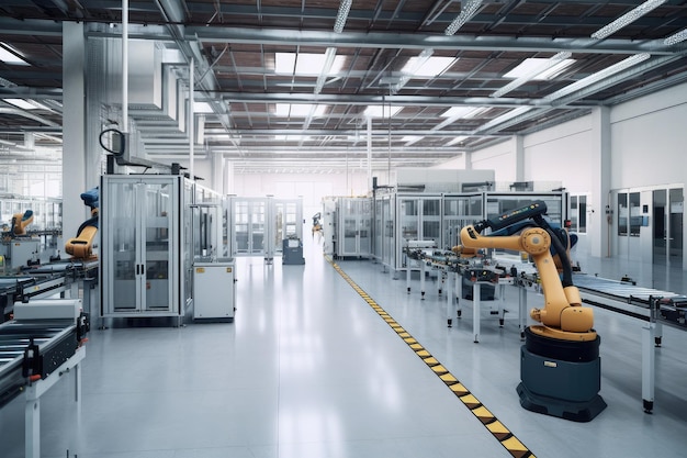 Factory floor with cobots carrying parts and supplies to different work stations