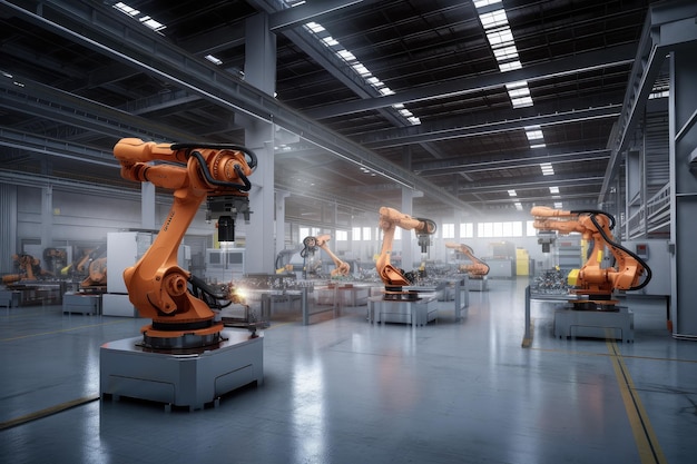 溶接や塗装などのさまざまな作業を実行する協働ロボットが配置された工場現場