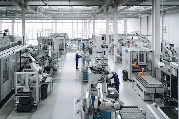 Factory floor with cobots working side by side with human workers