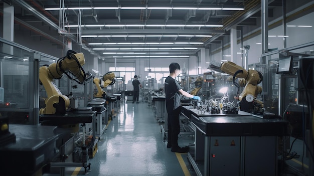 A factory floor with robots in the background