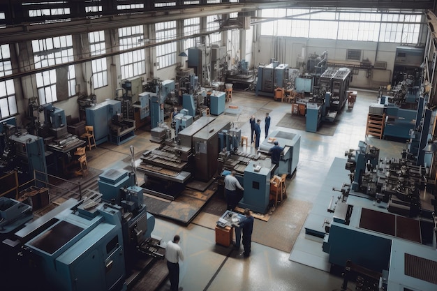 Factory floor with workers performing various metalworking and assembly tasks