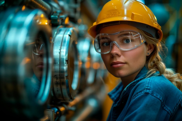 Factory Focus Female Engineer Immersed in Machinery Amidst Productivitys Hum