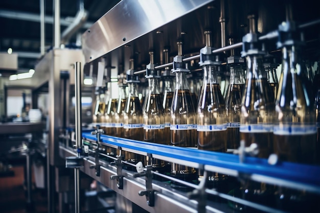 사진 맥주 생산을 위한 공장 유리 맥주 음료 알코올 병이 있는 양조장 컨베이어 현대 생산 라인 흐릿한 배경 음료 병입을 위한 현대 생산 선택적 초점