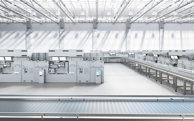 Factory interior with empty conveyor line and electric machine