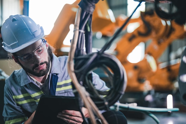 Factory man engineer inspecting cable electric on machine Worker works at heavy machine in factory