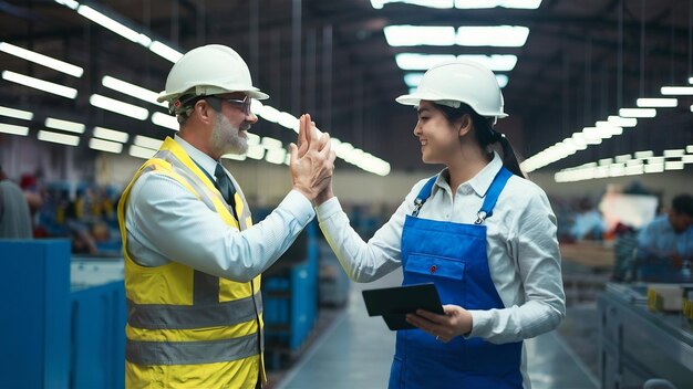 Factory manager visiting production line and congratulating worker on promotion for hard work and g