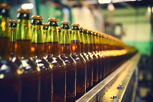 Factory for the production of beer brewery conveyor with glass beer drink alcohol bottles blurred background modern production for bottling drinks selective focus