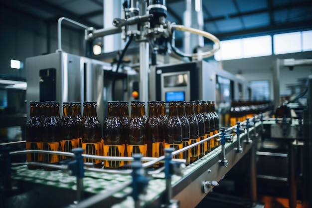 Factory for the production of beer Brewery conveyor with glass beer drink alcohol bottles modern production line Blurred background Modern production for bottling drinks Selective focus