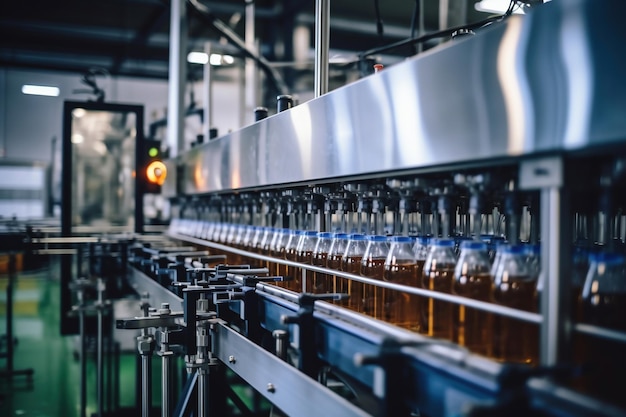 Photo factory for the production of beer brewery conveyor with glass beer drink alcohol bottles modern production line blurred background modern production for bottling drinks selective focus