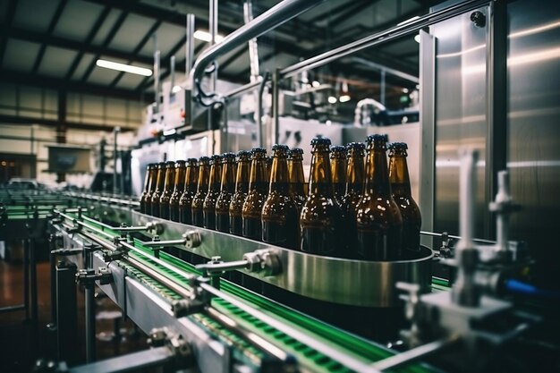 Factory for the production of beer Brewery conveyor with glass beer drink alcohol bottles modern production line Blurred background Modern production for bottling drinks Selective focus