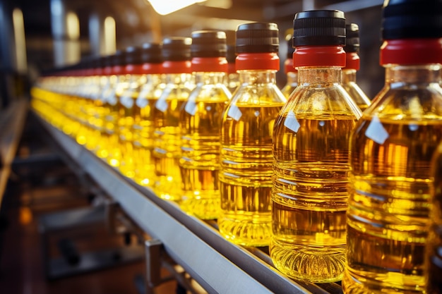 Factory production line efficiently filling bottles with refined sunflower seed oil