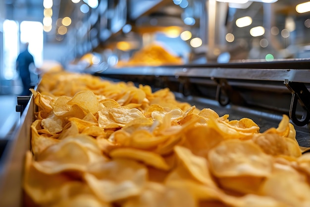 Photo factory production line making potato chips snacks concept food processing snack manufacturing potato chips factory operations production line process