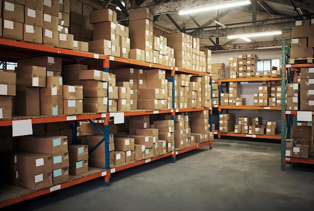 factory space empty warehouse and boxes for delivery courier or shipping logistics in storage room
