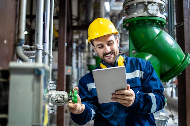 Photo factory supervisor checking pipes in heating plant