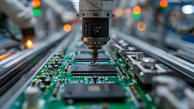 Photo factory uses automated arms to produce electronic microchips and circuits efficiently concept factory automation electronic manufacturing robotics efficient production microchip production