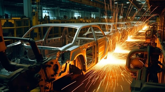 Photo a factory with cars on the production line