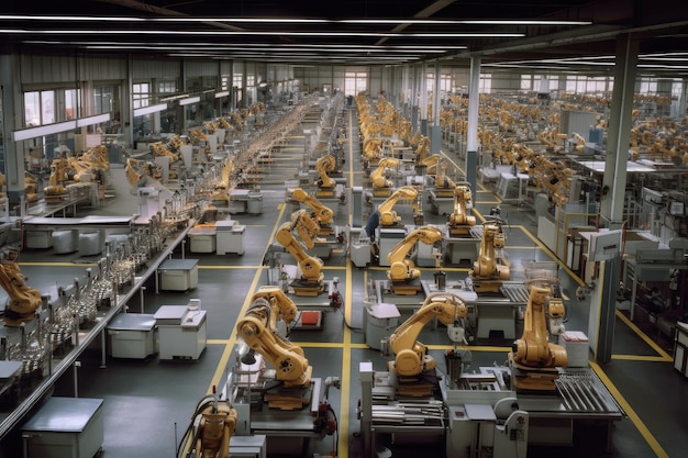 A factory with dozens of robotic arms assembling products on different assembly lines