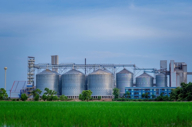 Factory with a green field.