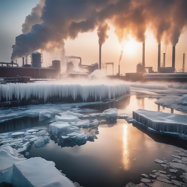 氷と煙が流れる工場