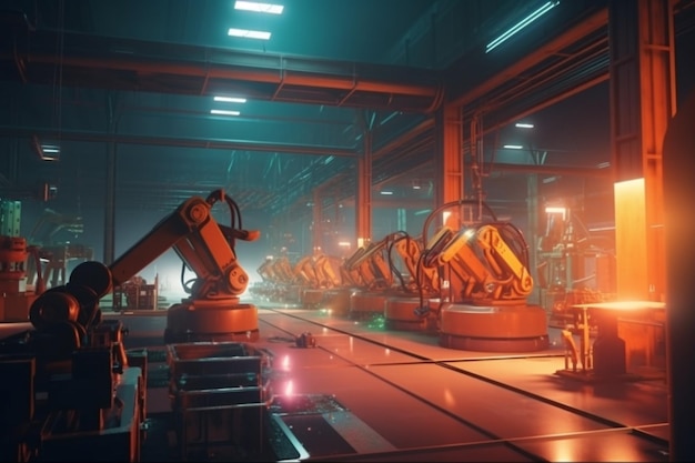 A factory with a lot of robots in it