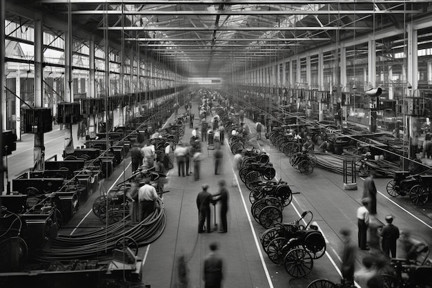 A factory with many machines and people in it