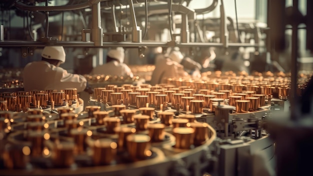 A factory with many people working on a conveyor belt.