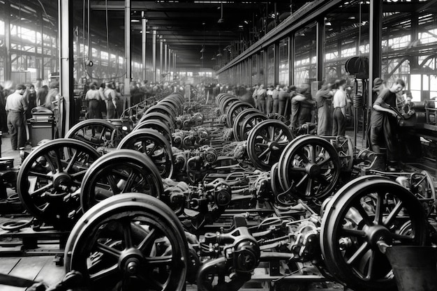 A factory with many wheels on the floor