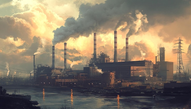a factory with a power plant and green plant in the background