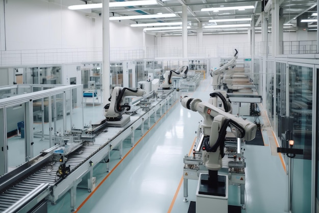 Factory with robotic assembly lines producing a variety of products