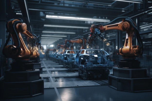 A factory with robots on the assembly line.