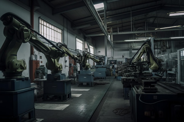 A factory with robots in it and a window that says'robots'on it