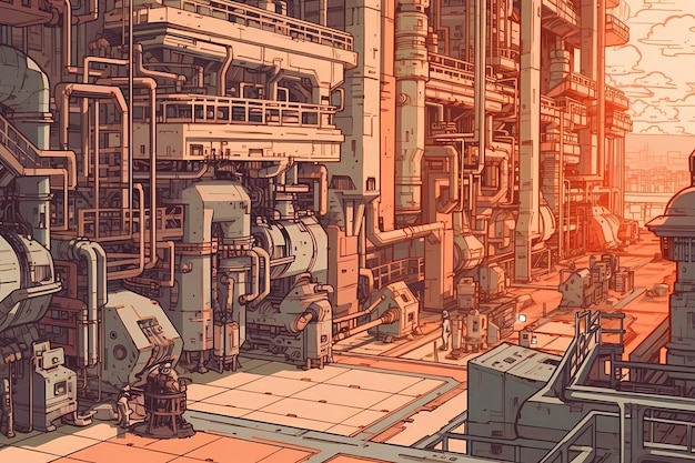 Factory with robots and machines digital art illustration