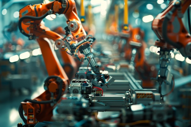 Фабрика с роботами, работающими над автомобилем.