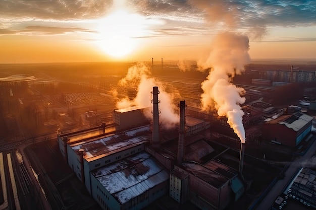 Factory with smoke coming out of the chimneys with sunset background